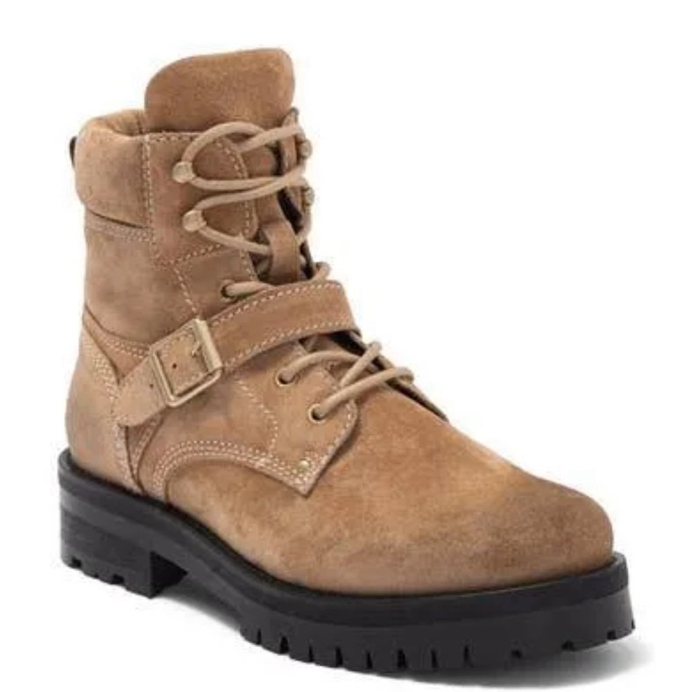 AllSaints Paulina Suede Buckle Boot in Desert Sand
